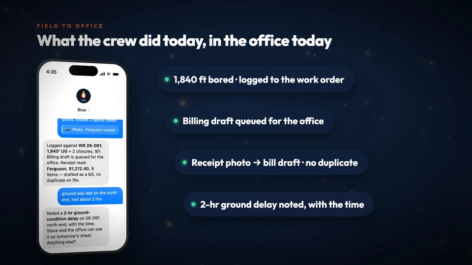 A foreman’s end-of-day text turned into logged footage, a billing draft and a bill draft